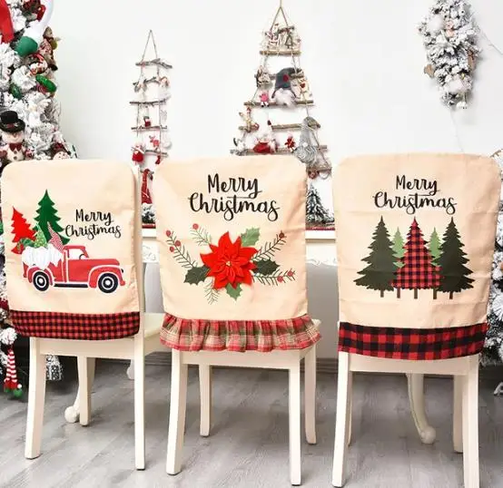 Embroidery Xmas Decorations - 4/6/8pcs เก้าอี้คริสต์มาสผ้าลินินเย็บปักถักร้อย Xmas ดอกไม้ต้นไม้เก้าอี้ครอบคลุมตกแต่งห้องรับประทานอาหารสําหรับ Home PARTY