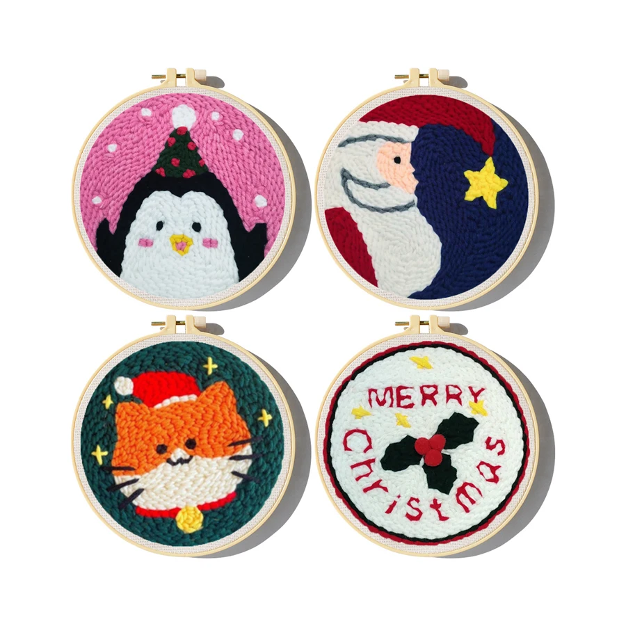 Embroidery Xmas Decorations - Xmas Punch เข็มเย็บปักถักร้อยชุดสำหรับเริ่มต้น DIY เย็บปักถักร้อยขนสัตว์ทำงานสำหรับคริสต์มาสของขวัญการตกแต่งบ้าน