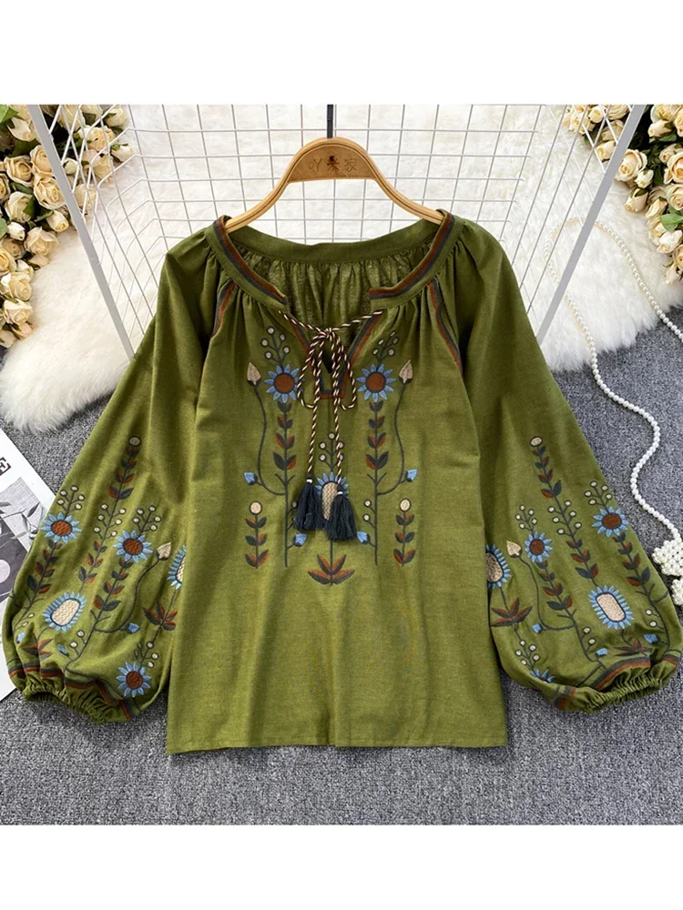 Embroidery On Shirt - ผู้หญิงฤดูใบไม้ผลิเสื้อสไตล์ชาติพันธุ์ Retro วรรณกรรมหลวมปักผ้าฝ้ายลินินรอบคอเสื้อลําลอง TOP D3549
