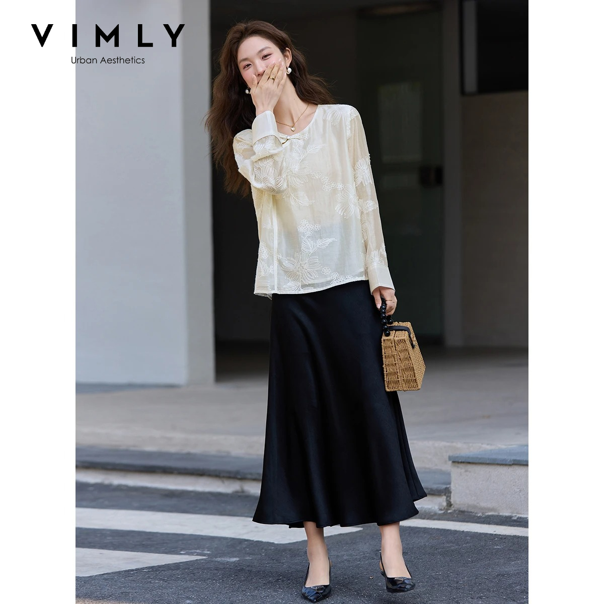Embroidery On Shirt - VIMLY เสื้อชีฟองปักลายสไตล์จีนใหม่สีแอปริคอตสำหรับผู้หญิง ฤดูใบไม้ร่วง 2026 เสื้อคอทรงกลม แขนยาว