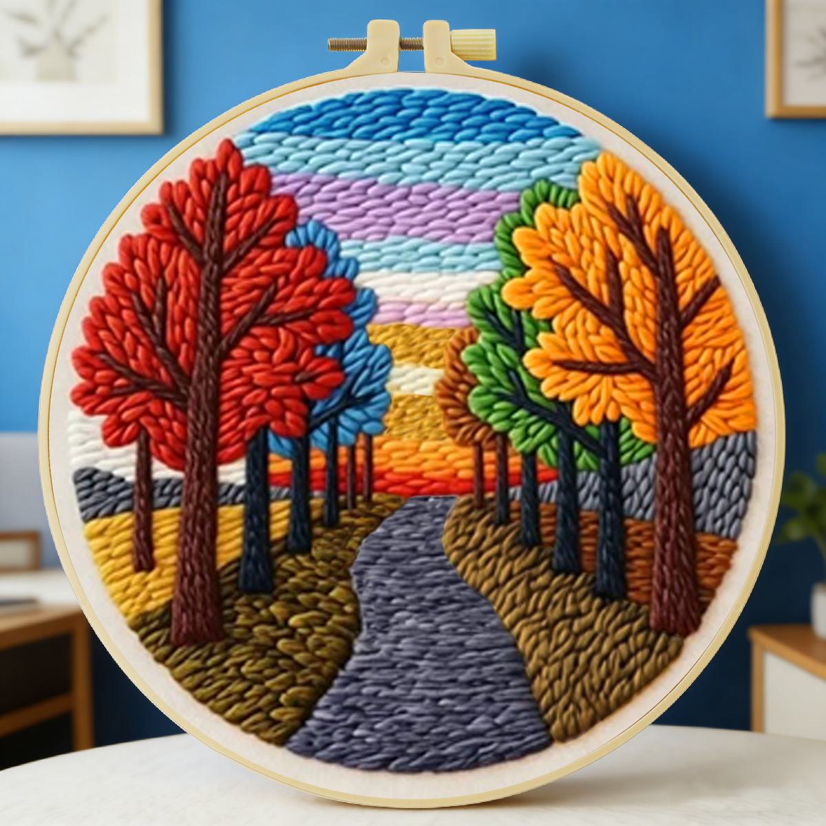 Printed Embroidery Kit - ชุดปักเข็มฉลุลายวิวทิวทัศน์ ขนาด 20x20 ซม./7.87 นิ้ว ชุดอุปกรณ์ปักผ้า