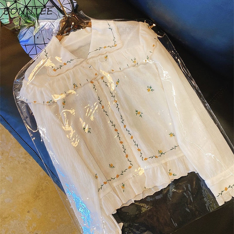 Embroidery Design Love - น่ารักเสื้อผู้หญิงฤดูใบไม้ผลิใหม่นักเรียนเย็บปักถักร้อยวินเทจออกแบบ Crop All-Match Casual วรรณกรรมฝรั่งเศสหญิงอ่อนโยนยอดนิยม