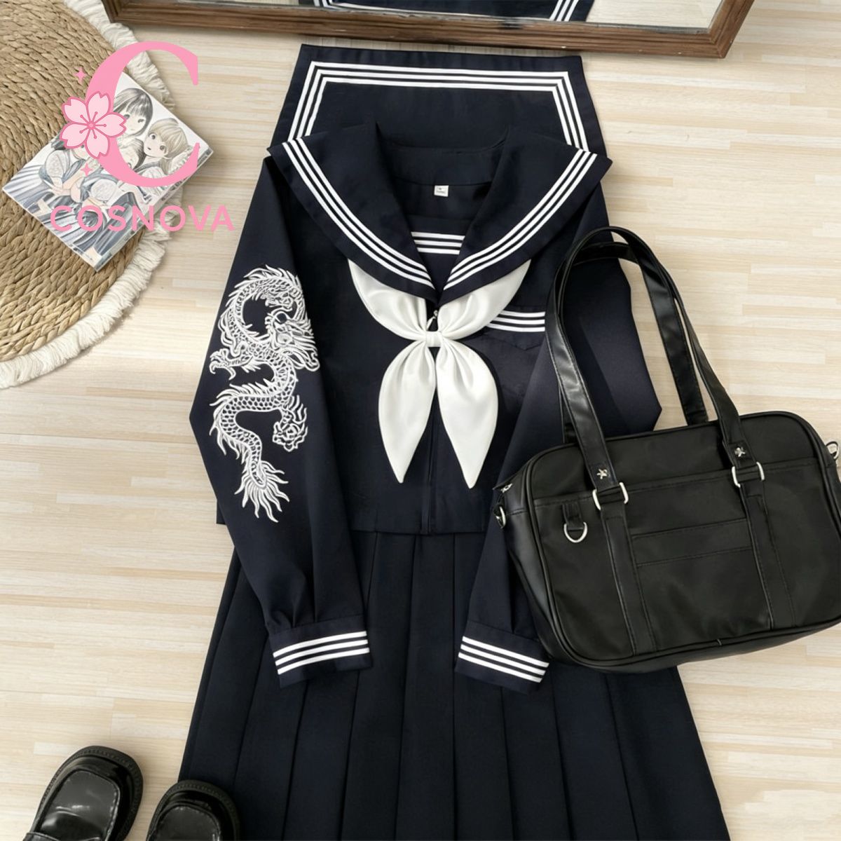 Embroidery Uniform - ชุดนักเรียนสไตล์ญี่ปุ่นแนวดาร์กโกธิคพังก์ ชุดกะลาสีสีน้ำเงินกรมท่า ปักลายมังกร แขนยาว พร้อมกระโปรงจีบสำหรับผู้หญิง