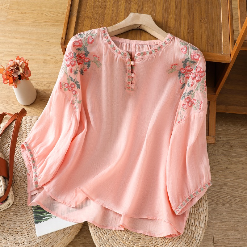 Embroidery On Shirt - เสื้อผ้าผู้หญิงสไตล์จีนเสื้อวินเทจปักเสื้อหลวมเสื้อผ้าฤดูร้อนแขนสั้นผ้าฝ้ายผ้าลินินผู้หญิงเสื้อ