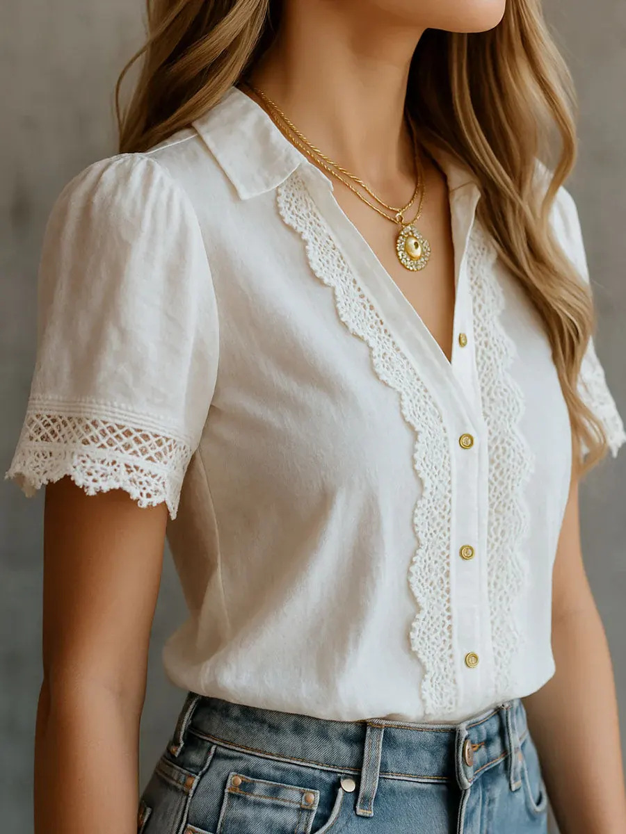Embroidery On Shirt - เสื้อเชิ้ตผู้หญิงหรูหรา สไตล์ลำลอง สีพื้น ปกเสื้อติดกระดุม ปักลายลูกไม้ ตกแต่งด้วยผ้าปะติดปะต่อ