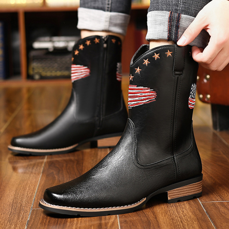 Embroidery Stitches - รองเท้าบูทผู้ชายแบรนด์ใหม่ ปักลายสไตล์เรโทร ทำมือ รองเท้าบูทคาวบอยตะวันตก หัวแหลม เย็บมือ