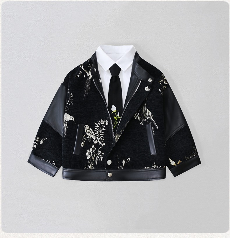 Embroidery Uniform - เสื้อแจ็คเก็ตหนัง PU ปักลายมอเตอร์ไซค์สำหรับเด็กผู้ชาย กันน้ำ กันลม เหมาะสำหรับถ่ายรูปในวันคริสต์มาสและปีใหม่