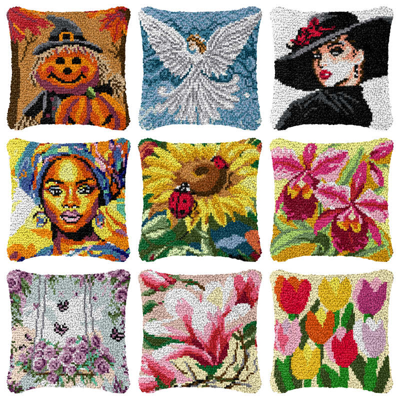 Printed Embroidery Kit - ชุดเย็บปักถักร้อยลายการ์ตูนดอกไม้แบบใช้ตะขอเกี่ยว พร้อมอุปกรณ์ครบชุดสำหรับทำพรมและหมอน