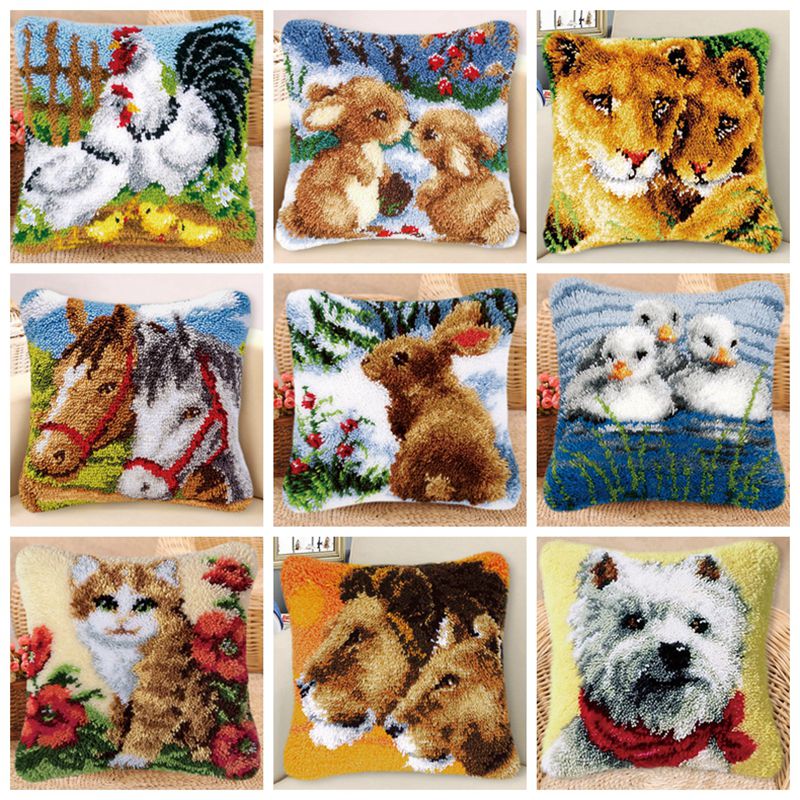 Printed Embroidery Kit - ชุดอุปกรณ์เย็บปักถักร้อยลายกระต่าย ม้า และสัตว์ต่างๆ พร้อมปลอกหมอนแบบปักลาย Smyrna และชุดอุปกรณ์เย็บปักถักร้อยสำหรับงานปักเย็บมือ