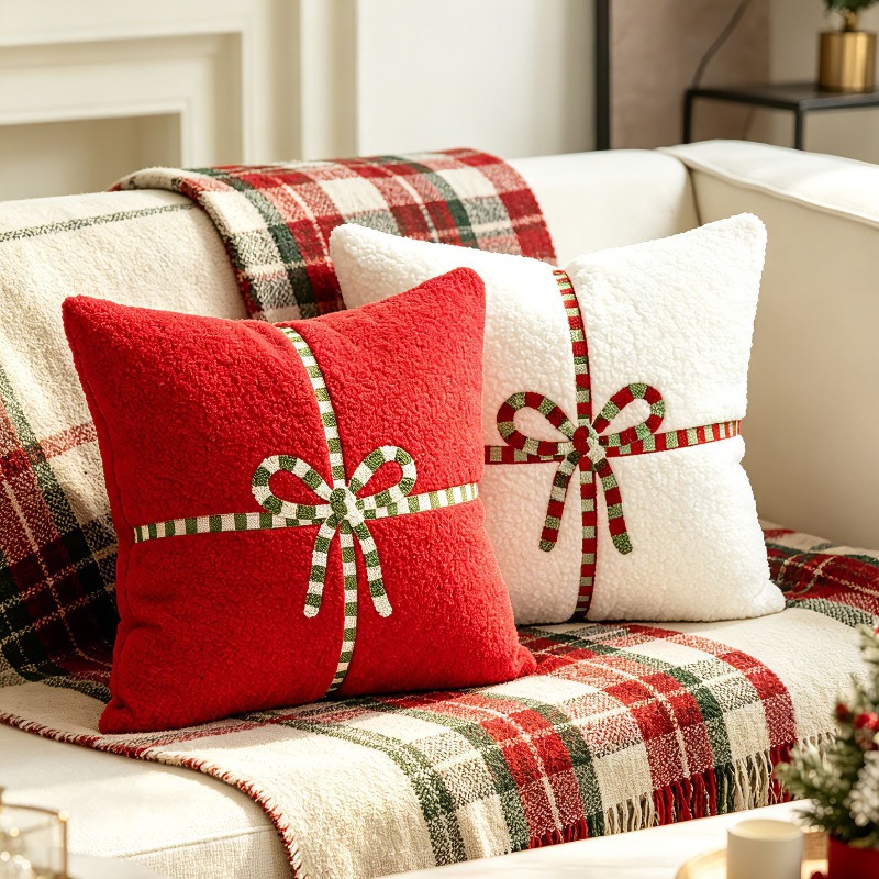 Embroidery Xmas Decorations - ปลอกหมอนอิงขนแกะลายหมีเท็ดดี้สำหรับคริสต์มาส พร้อมโบว์ปักลาย ปลอกหมอนทรงสี่เหลี่ยม 3 ชิ้น ของขวัญตกแต่งบ้านและโซฟาสำหรับเทศกาลคริสต์มาส