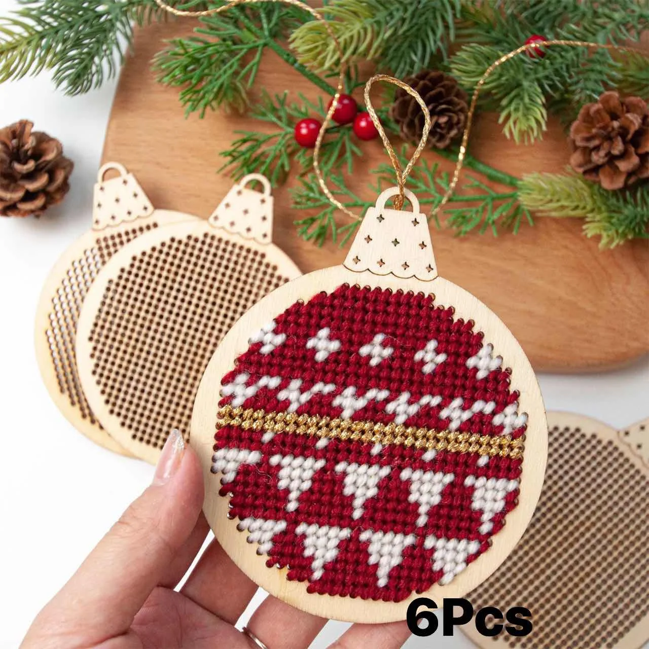 Embroidery Xmas Decorations - ชุดงานฝีมือปักครอสติชลายไม้แกะสลักรูปทรงกากบาท 12 ชิ้น สำหรับตกแต่งต้นคริสต์มาสในวันหยุดเทศกาลคริสต์มาส