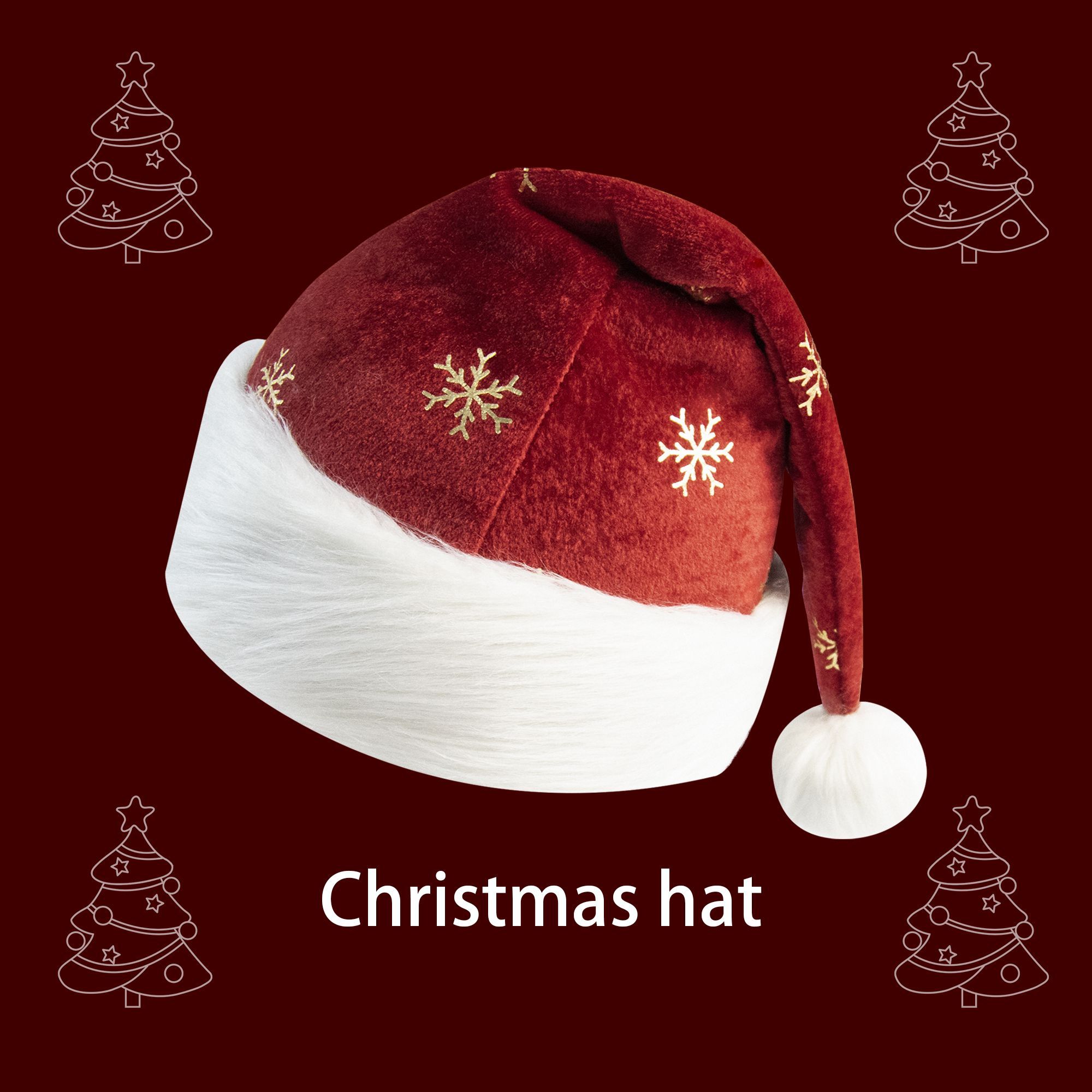 Embroidery Xmas Decorations - หมวกคริสต์มาสกำมะหยี่สีแดงเบอร์กันดี พร้อมลายปักเกล็ดหิมะสีทอง ขอบขนปุยสีขาว ตกแต่งปอมปอม สำหรับงานปาร์ตี้คริสต์มาส