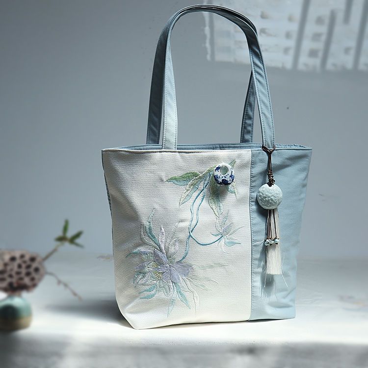 Embroidery Artist - ศิลปะและสไตล์โบราณ Han Dynasty เย็บปักถักร้อยที่เรียบง่ายและความจุขนาดใหญ่ผ้าใบกระเป๋าถือไหล่เดี่ยวผู้หญิง