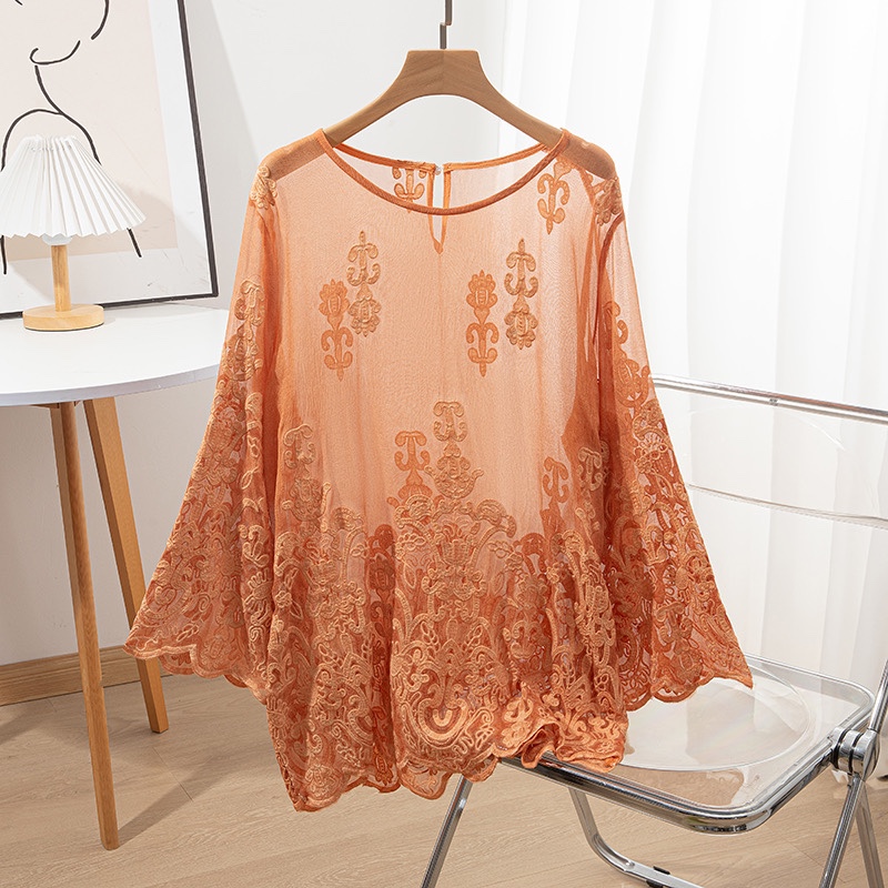 Embroidery On Shirt - ผ้าไหมหม่อน 100% ผู้หญิงเสื้อแขนยาวสีส้มเย็บปักถักร้อยผ้าไหมบางโปร่งใสรอบคอเสื้อ Top Pullover ฤดูร้อน