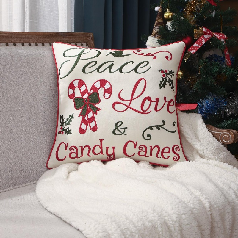 Embroidery Xmas Decorations - ปลอกหมอนอิงคริสต์มาส ลายปักตัวอักษร Peace Love Candy Canes