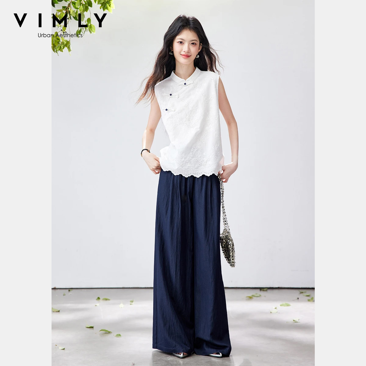 Embroidery Uniform - VIMLY สไตล์จีนสองชิ้นชุดกางเกงผู้หญิงฤดูร้อนชุดแจ็คการ์ดเสื้อแขนกุดขากว้างกางเกงทรงหลวม 2026 ชุดลำลอง A5129