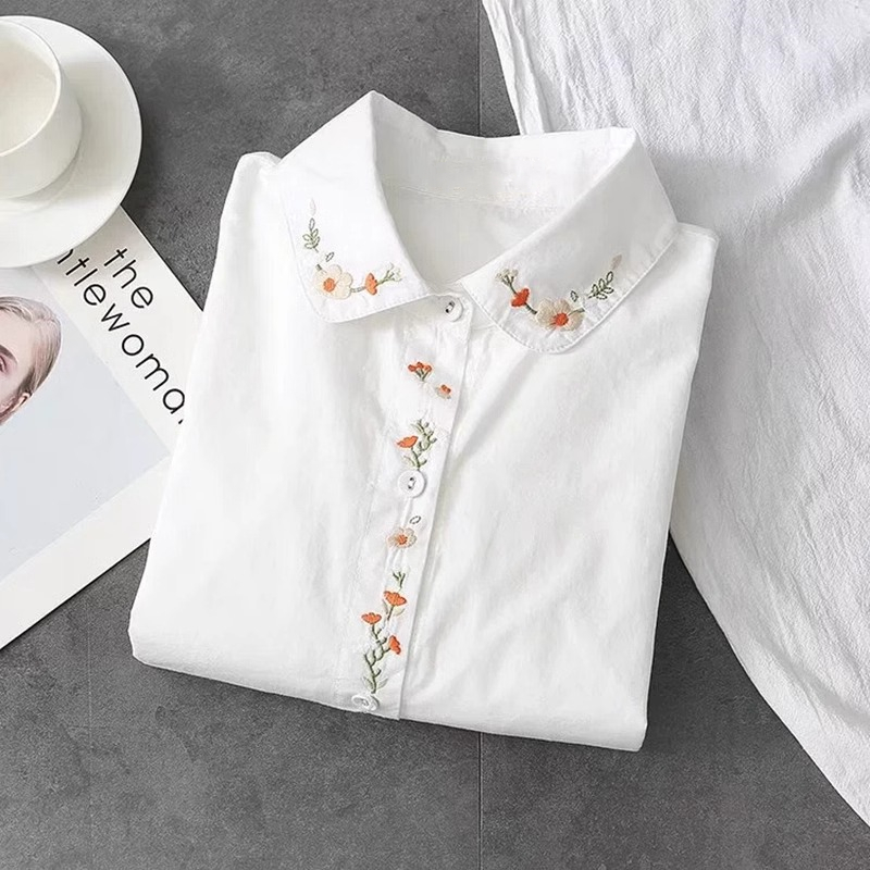 Embroidery On Shirt - ใหม่ผ้าฝ้ายสีขาวเสื้อผู้หญิงเปิดลงปกปักแขนยาวเสื้อลําลองสาวเสื้อฤดูใบไม้ผลิและฤดูใบไม้ร่วง