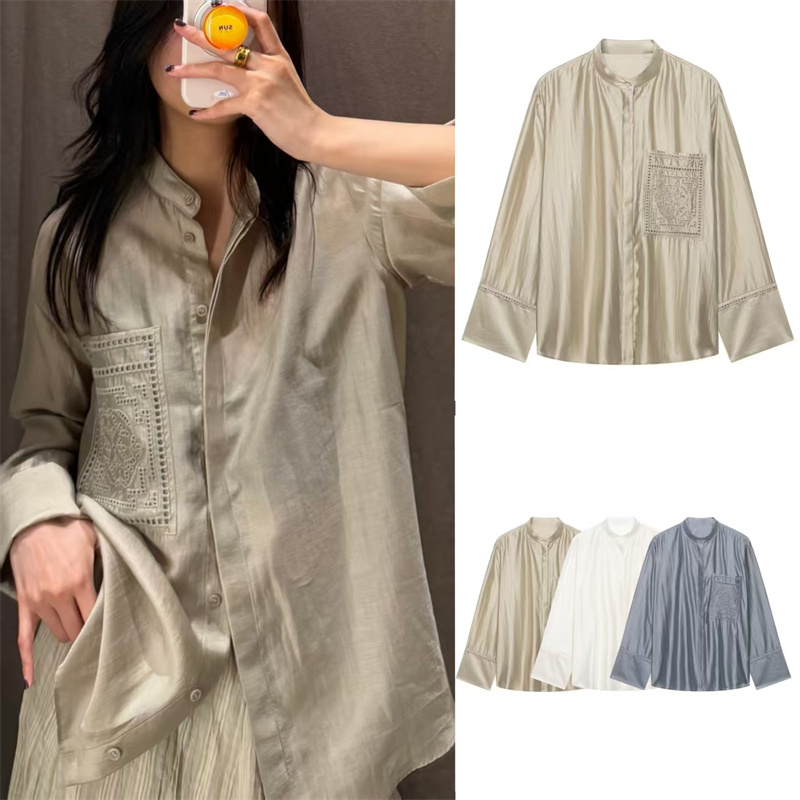 Embroidery On Shirt - กัวบิโอซีย์เสื้อเชิ้ตผู้หญิง 2026 ฤดูร้อนใหม่สีทึบแขนยาวปักลายกระเป๋าเสื้อหลวมสง่างามมีสไตล์แฟชั่นเรียบง่าย