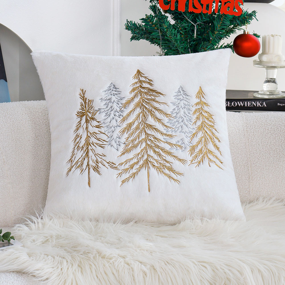 Embroidery Xmas Decorations - ปลอกหมอนขนกระต่ายเทียมลายคริสต์มาส 45x45 ซม. สีทองเงิน ปักลายต้นคริสต์มาส ปลอกหมอนอิงตกแต่งบ้านสำหรับโซฟา