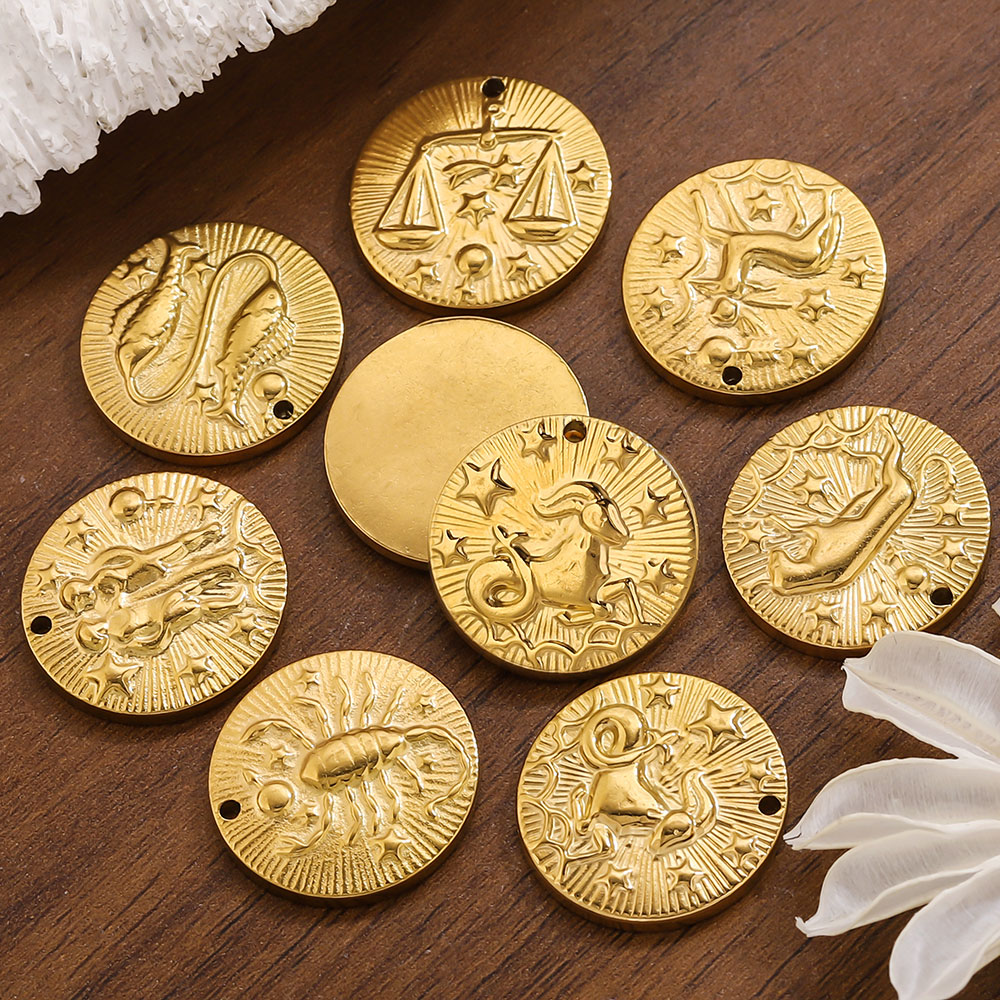 Embroidery Charm - จี้สแตนเลส 12 ราศี ชุบทอง 5 ชิ้น