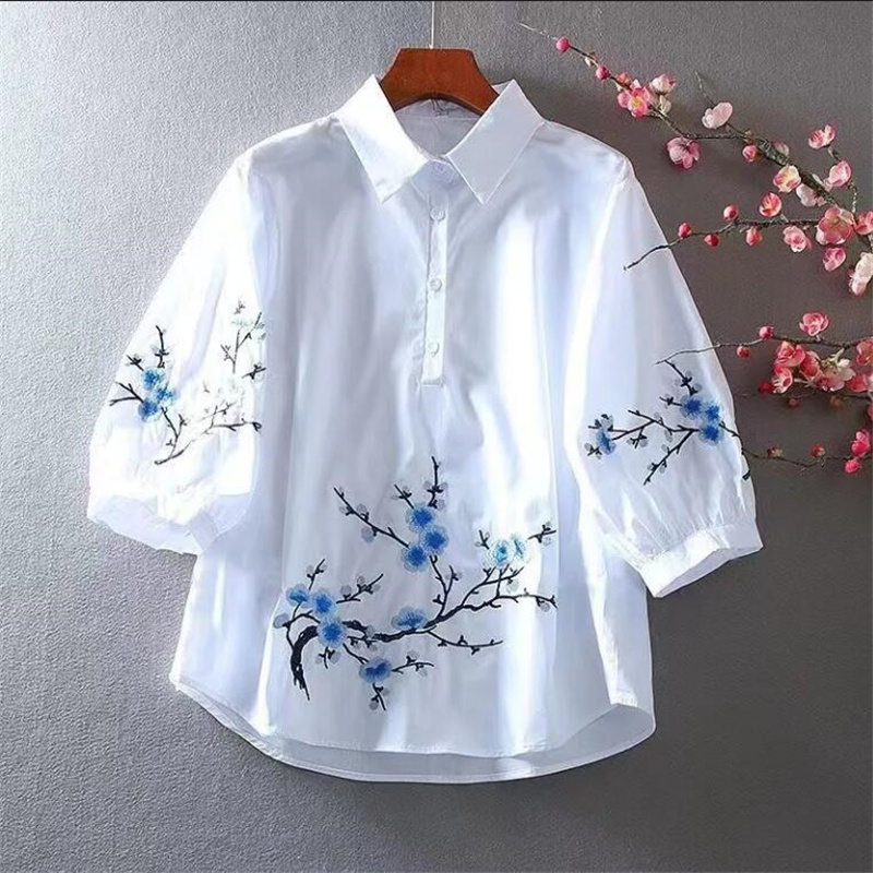Embroidery On Shirt - สีขาวปักเสื้อผู้หญิงเสื้อผ้าฝ้ายสำหรับผู้หญิงฤดูร้อนหลวมสบายๆวรรณกรรมโคมไฟหญิงเสื้อ