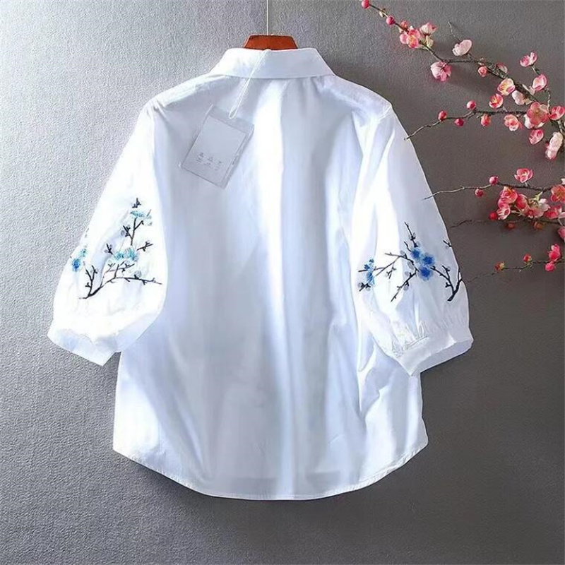 สีขาวปักเสื้อผู้หญิงเสื้อผ้าฝ้ - Embroidery On Shirt บทวิจารณ์และราคา