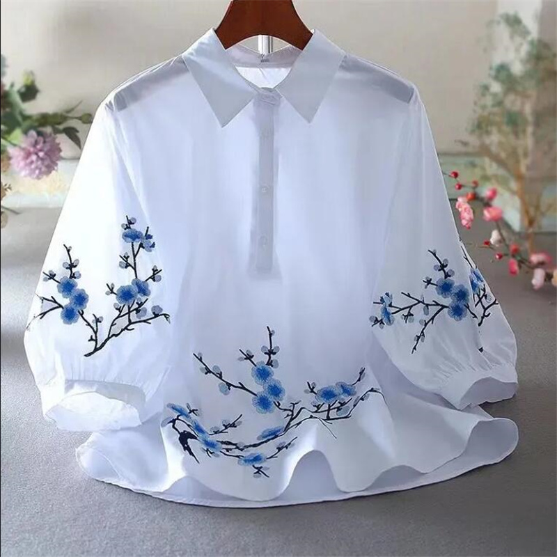สีขาวปักเสื้อผู้หญิงเสื้อผ้าฝ้ - Embroidery On Shirt บทวิจารณ์และราคา